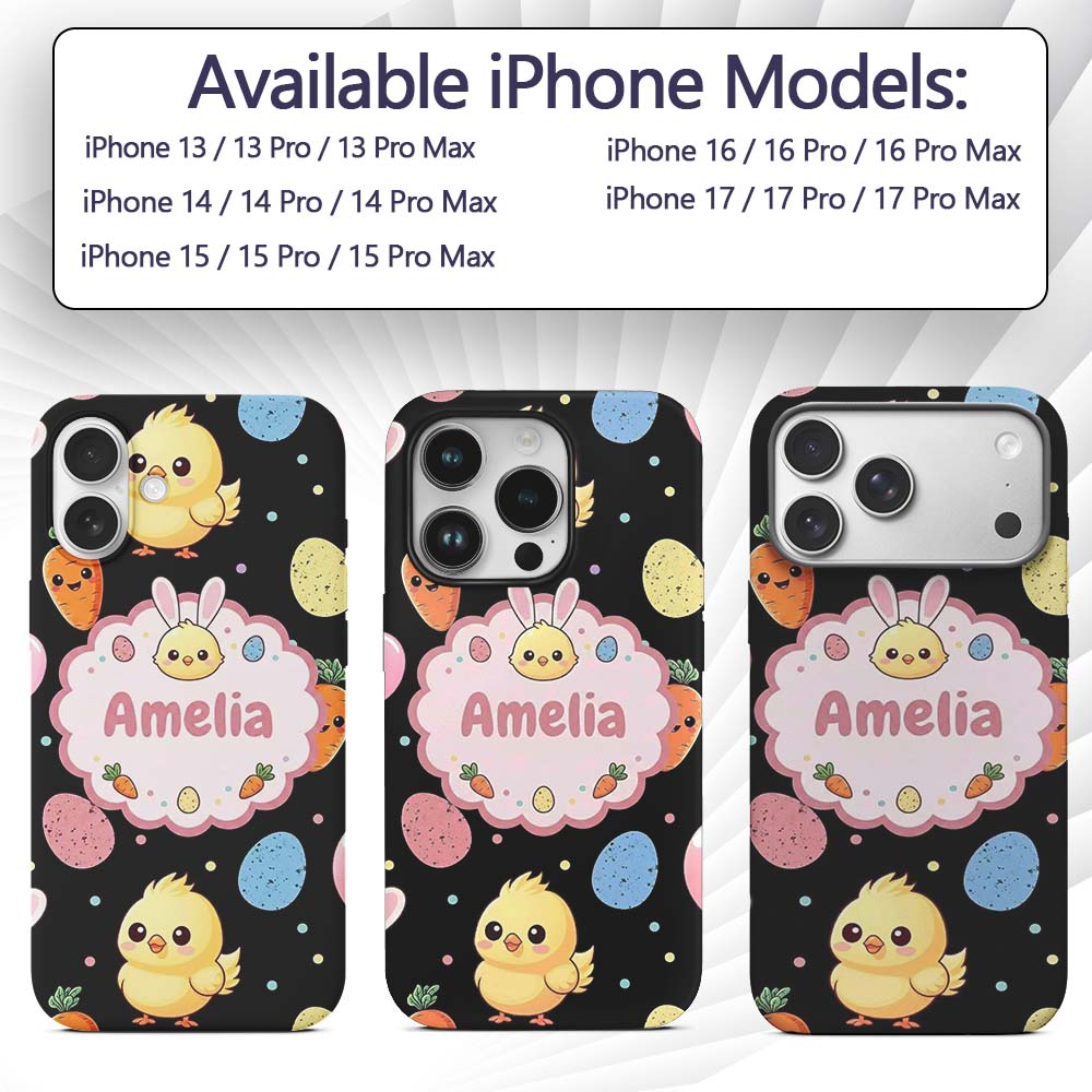 Cute Easter Bunny Chick Carrot Egg Printed Design Custom Name Protective Phone Case Mobile Cover Durable Everyday Smartphone Shock Resistant