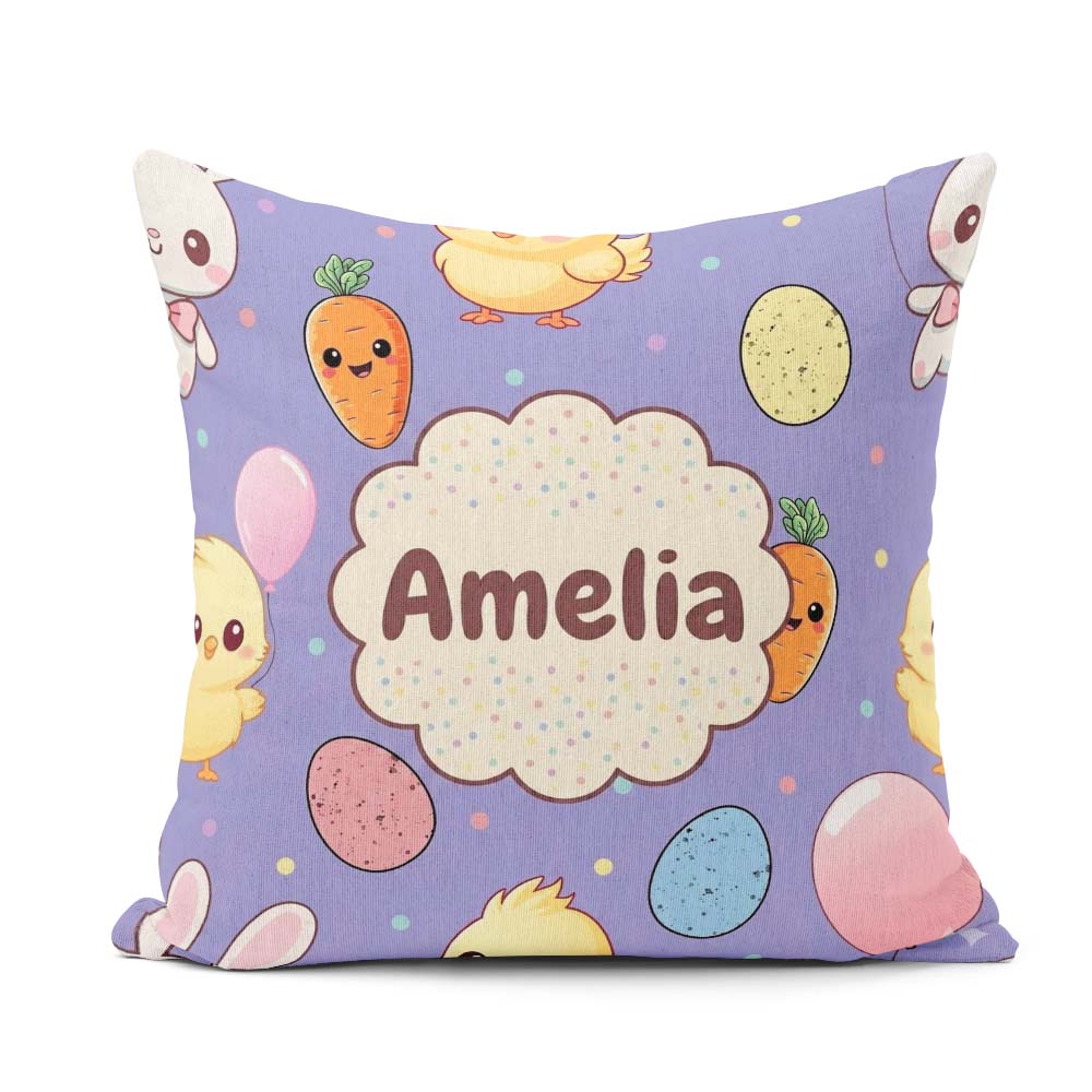 Custom Name Cute Easter Bunny Chick Carrot Egg Purple Background Square Filled Cushion Throw Pillow Sofa Bed Home Decor Zip Washable UK Made