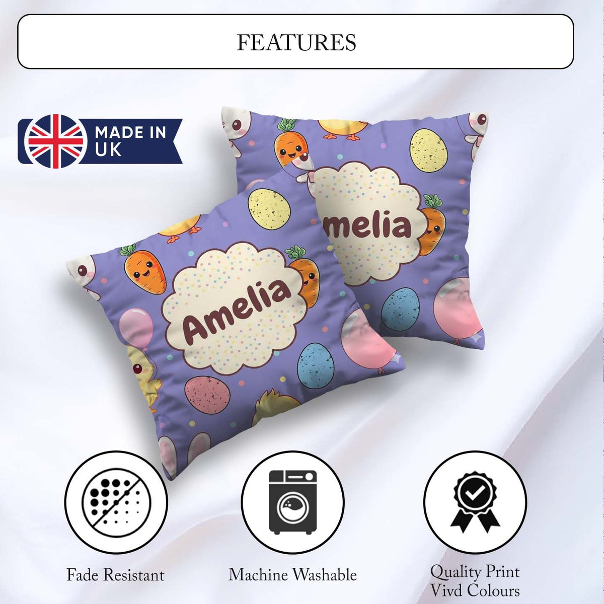 Custom Name Cute Easter Bunny Chick Carrot Egg Purple Background Square Filled Cushion Throw Pillow Sofa Bed Home Decor Zip Washable UK Made