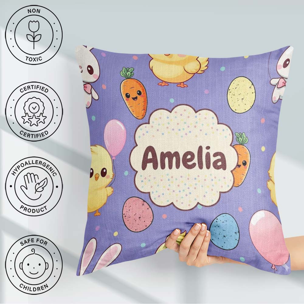 Custom Name Cute Easter Bunny Chick Carrot Egg Purple Background Square Filled Cushion Throw Pillow Sofa Bed Home Decor Zip Washable UK Made