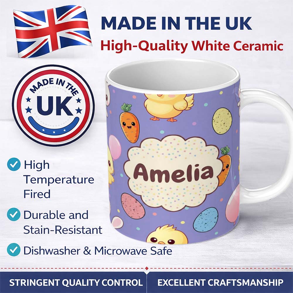 Personalized Custom Name Cute Easter Bunny Chick Carrot Egg Purple Background Seamless 11oz Ceramic Coffee Tea Mug White Large Handle