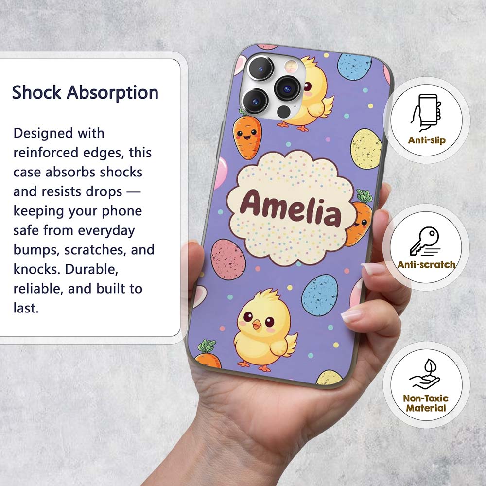 Cute Easter Bunny Chick Carrot Egg Printed Design Custom Name Protective Phone Case Mobile Cover Durable Everyday Smartphone Shock Resistant