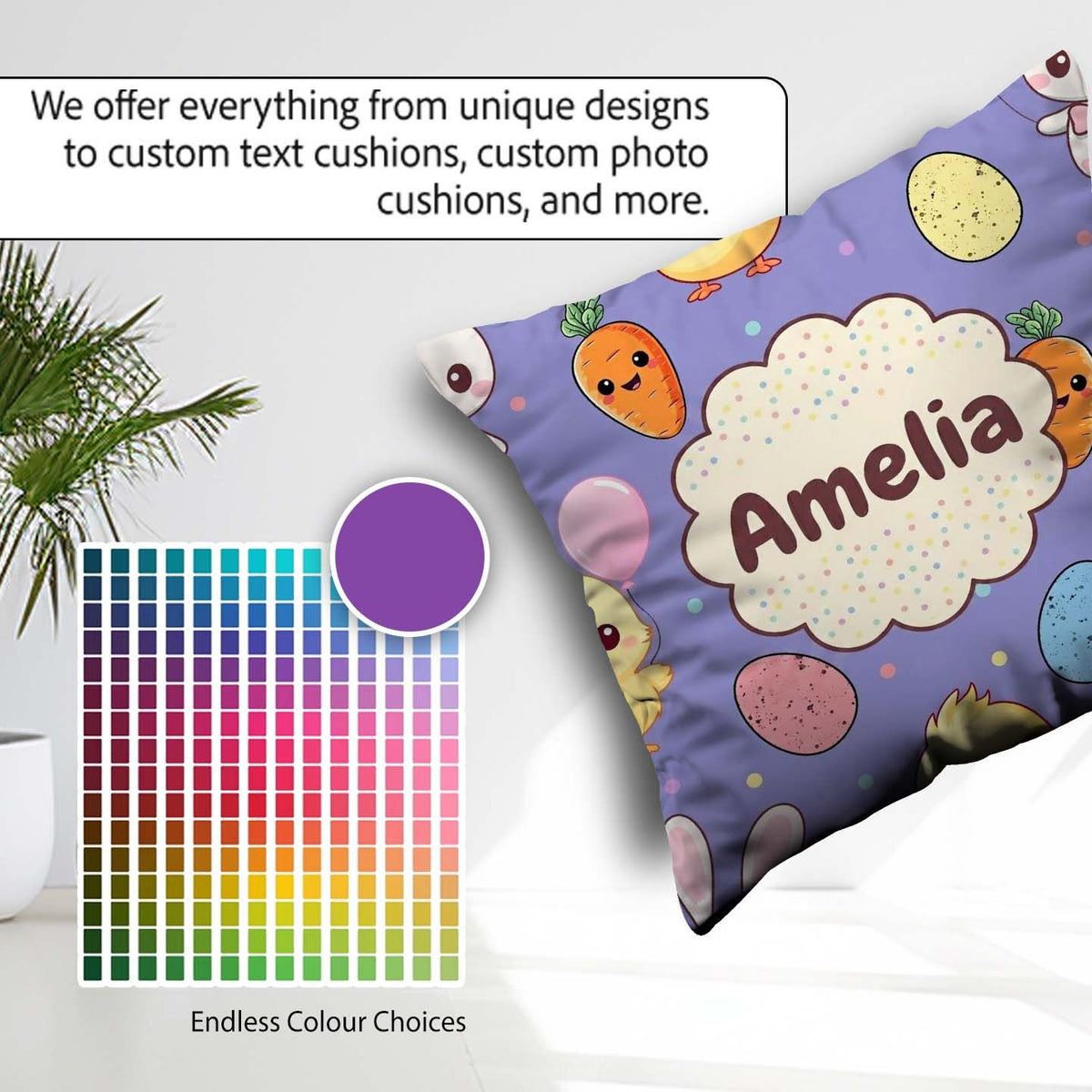 Custom Name Cute Easter Bunny Chick Carrot Egg Purple Background Square Filled Cushion Throw Pillow Sofa Bed Home Decor Zip Washable UK Made