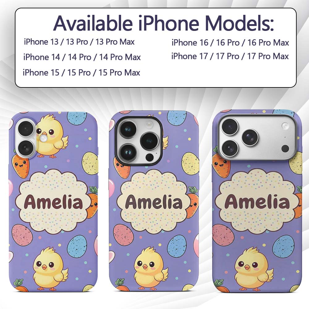 Cute Easter Bunny Chick Carrot Egg Printed Design Custom Name Protective Phone Case Mobile Cover Durable Everyday Smartphone Shock Resistant