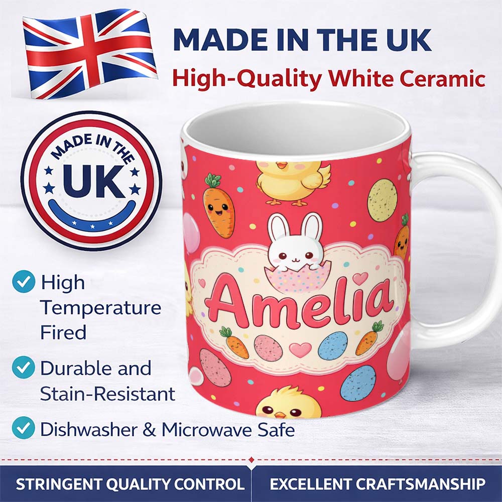 Personalized Custom Name Cute Easter Bunny Chick Carrot Egg Red Background Seamless Pattern 11oz Ceramic Coffee Tea Mug White Large Handle