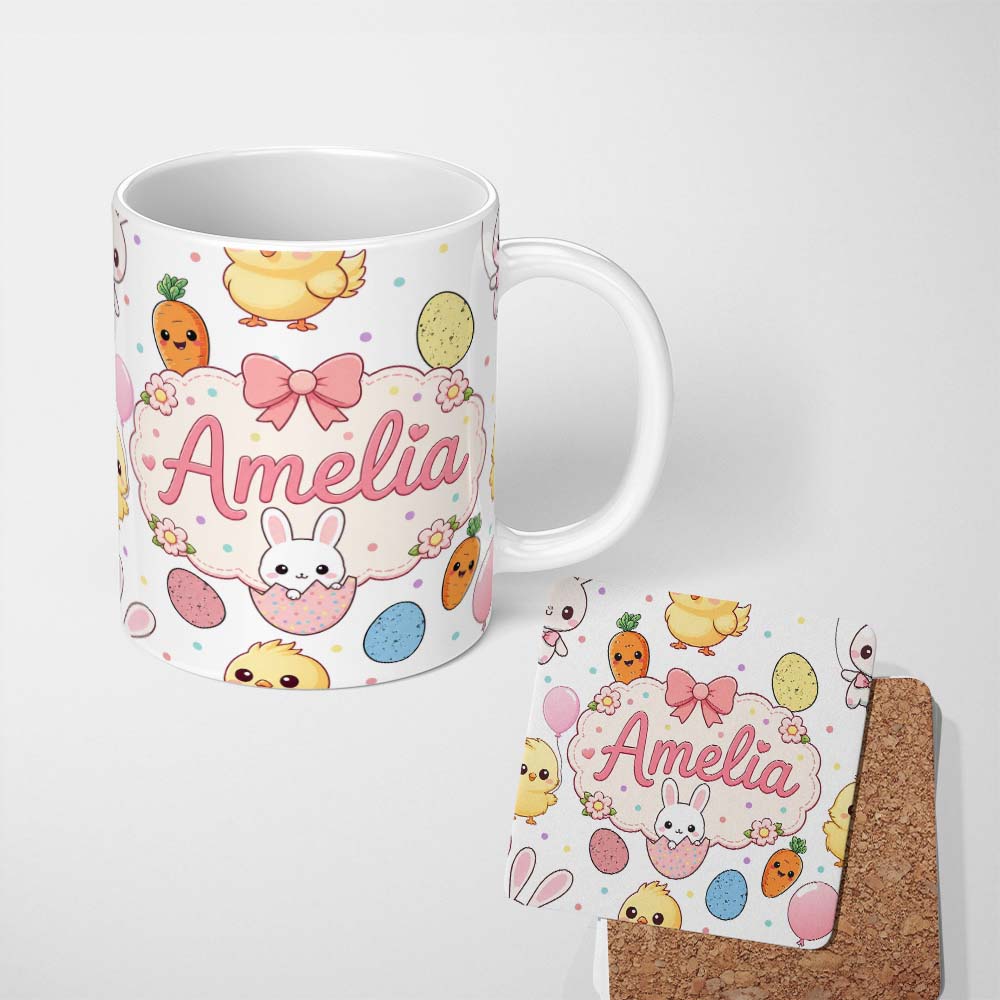 Personalized Custom Name Cute Easter Bunny Chick Carrot Egg Grey Background Seamless Pattern 11oz Ceramic Coffee Tea Mug White Large Handle