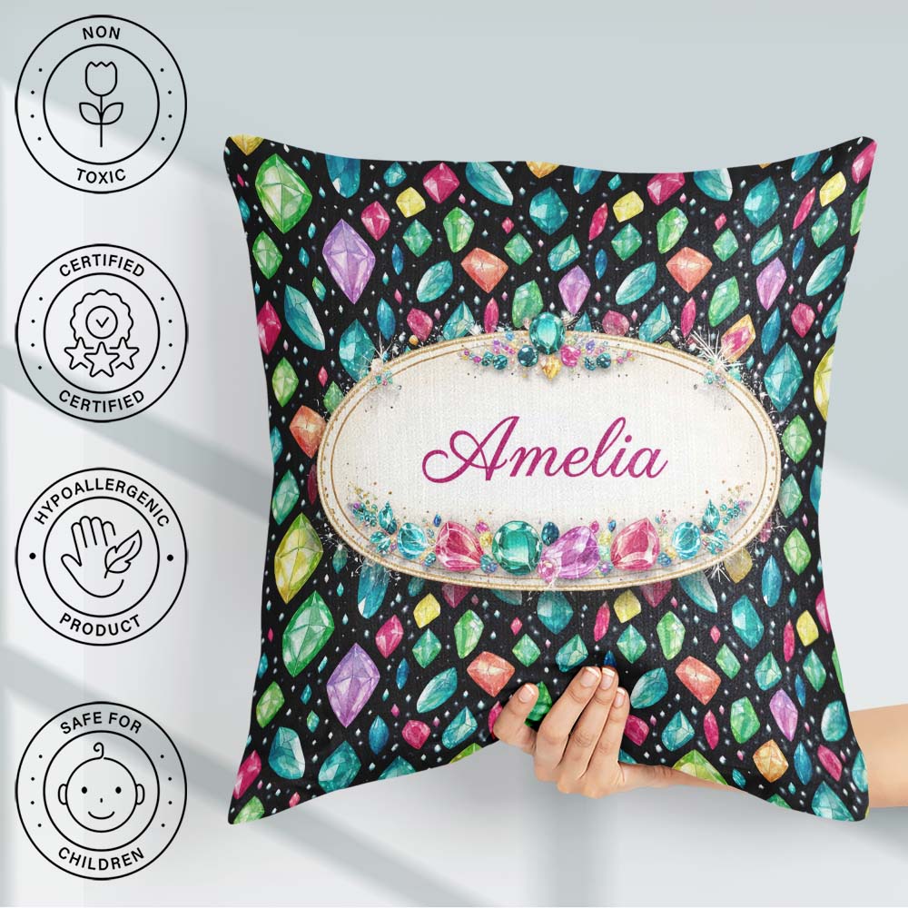 Custom Name Bright Faceted Gemstone Seamless Pattern Dark Jewel Square Filled Cushion Throw Pillow Sofa Bed Home Decor Zip Washable UK Made