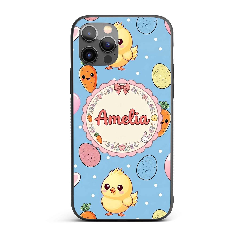 Cute Easter Bunny Chick Carrot Egg Blue Polka Dot Custom Name Protective Phone Case Mobile Cover Durable Everyday Smartphone Shock Resistant