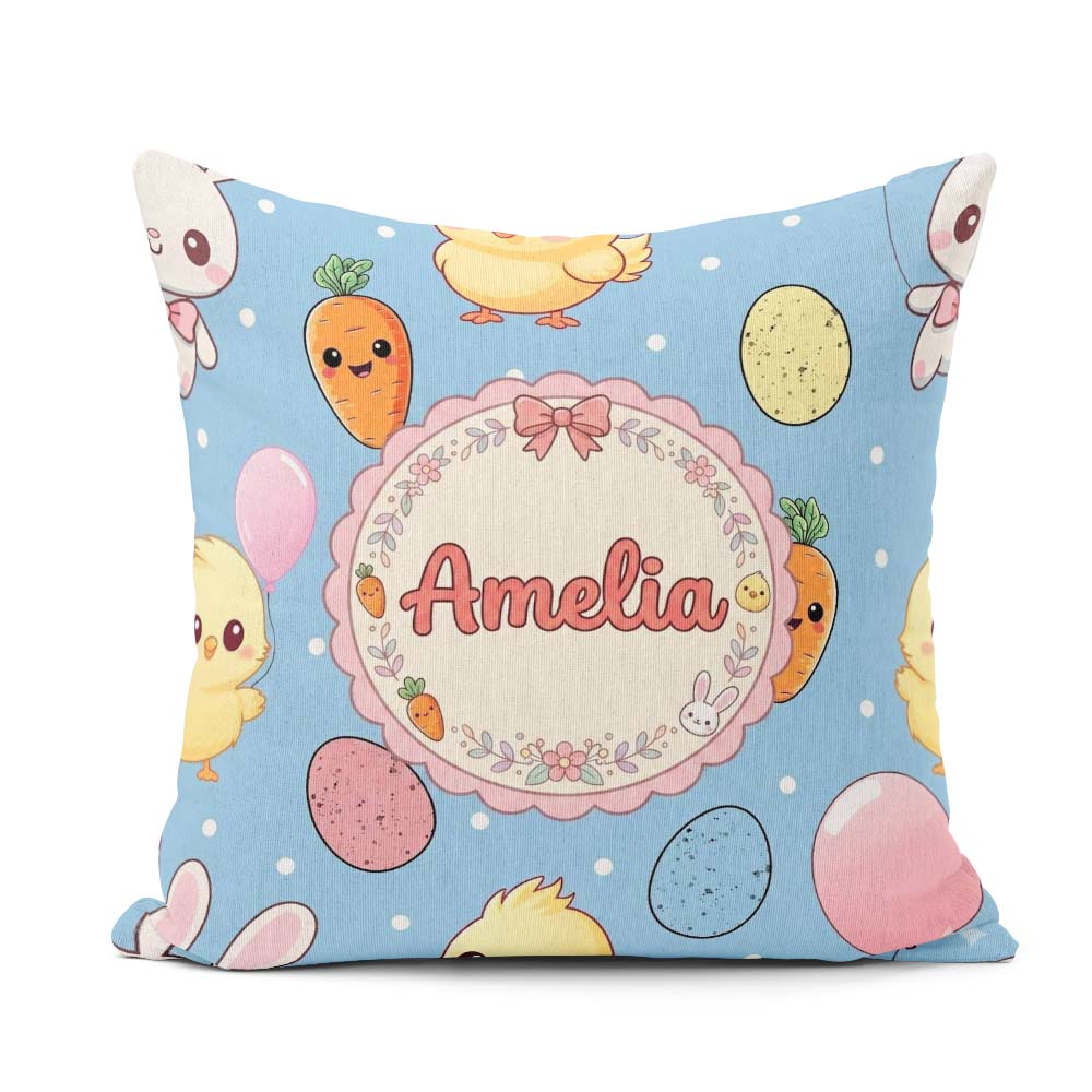 Custom Name Easter Bunny Chick Carrot Egg Blue Polka Dot Pattern Square Filled Cushion Throw Pillow Sofa Bed Home Decor Zip Washable UK Made