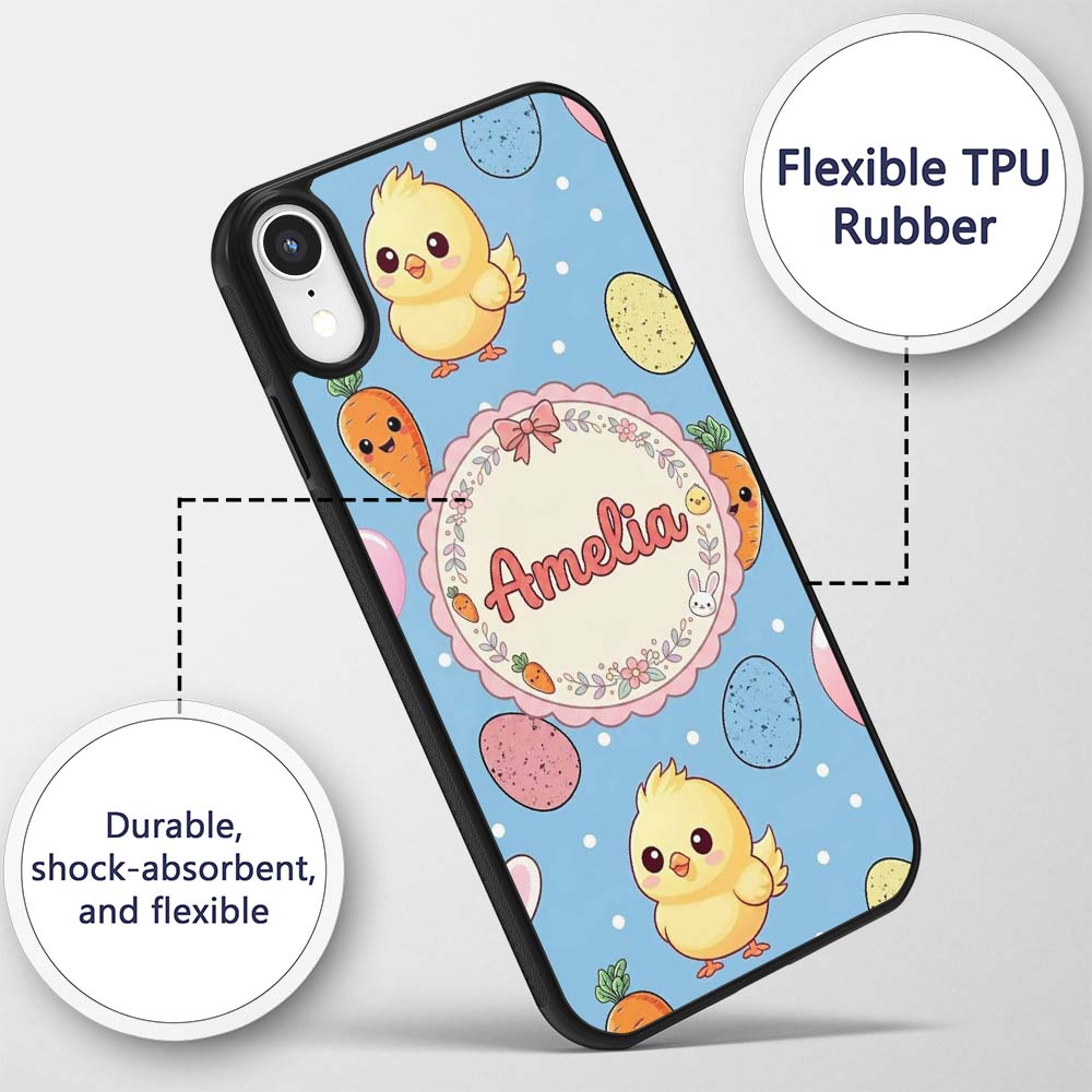 Cute Easter Bunny Chick Carrot Egg Blue Polka Dot Custom Name Protective Phone Case Mobile Cover Durable Everyday Smartphone Shock Resistant