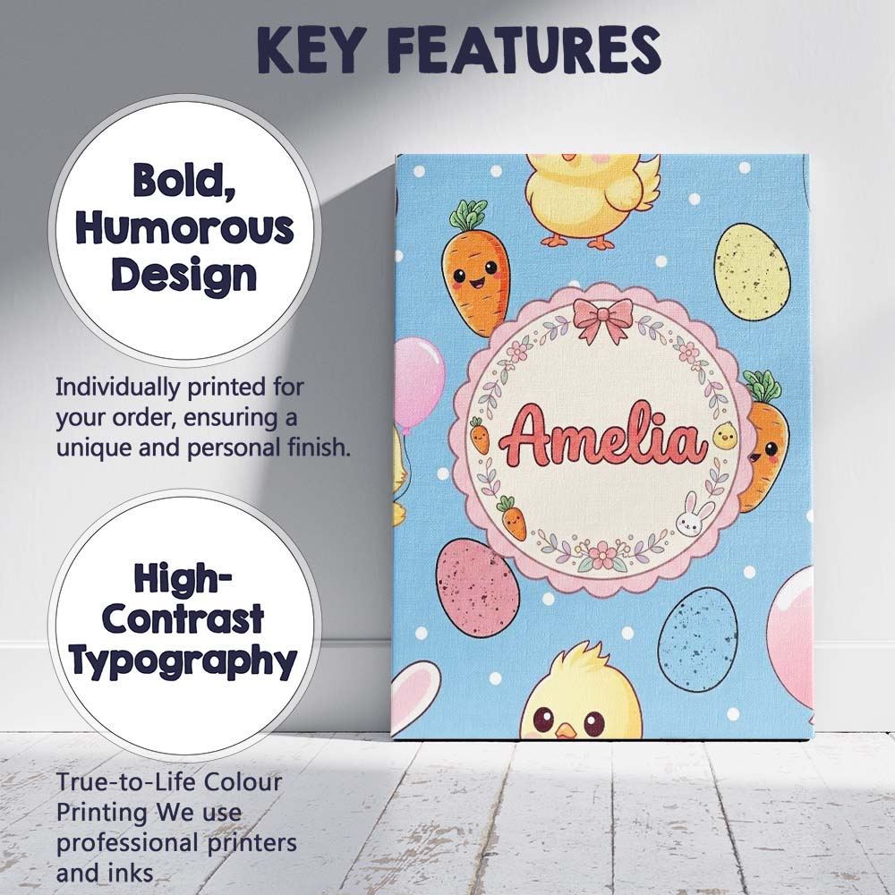 Personalised Name Cute Easter Bunny Chick Custom Unique Gift Idea Elegant Feature Canvas Wall Art Print Decor Picture Ready to Hang