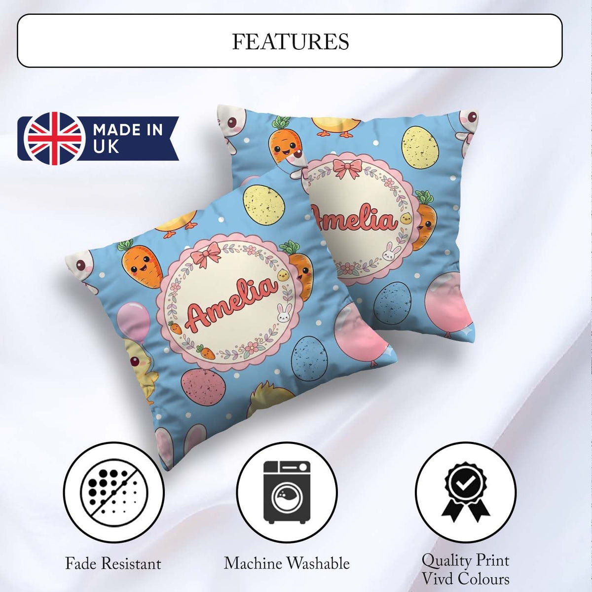Custom Name Easter Bunny Chick Carrot Egg Blue Polka Dot Pattern Square Filled Cushion Throw Pillow Sofa Bed Home Decor Zip Washable UK Made