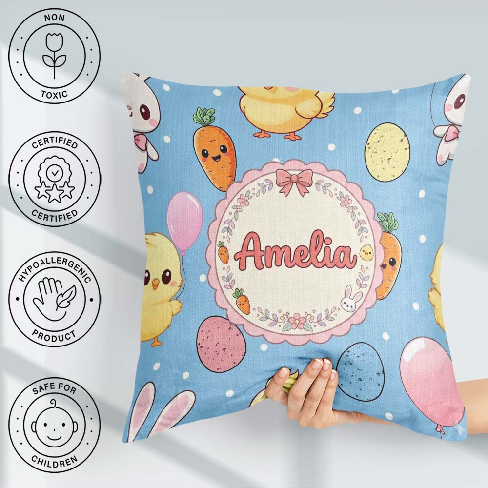 Custom Name Easter Bunny Chick Carrot Egg Blue Polka Dot Pattern Square Filled Cushion Throw Pillow Sofa Bed Home Decor Zip Washable UK Made