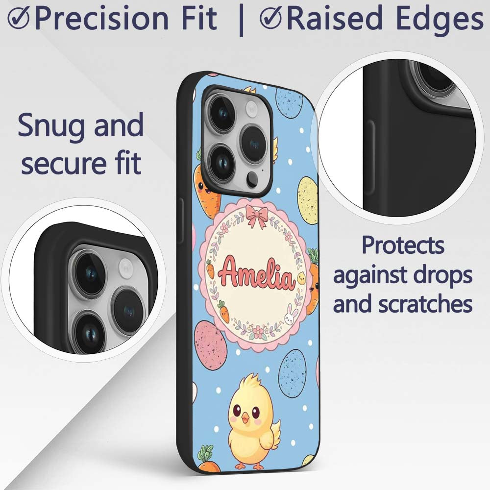 Cute Easter Bunny Chick Carrot Egg Blue Polka Dot Custom Name Protective Phone Case Mobile Cover Durable Everyday Smartphone Shock Resistant