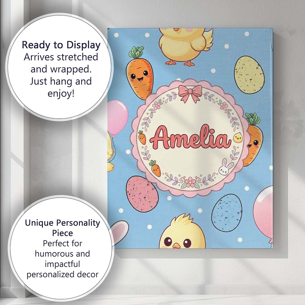 Personalised Name Cute Easter Bunny Chick Custom Unique Gift Idea Elegant Feature Canvas Wall Art Print Decor Picture Ready to Hang