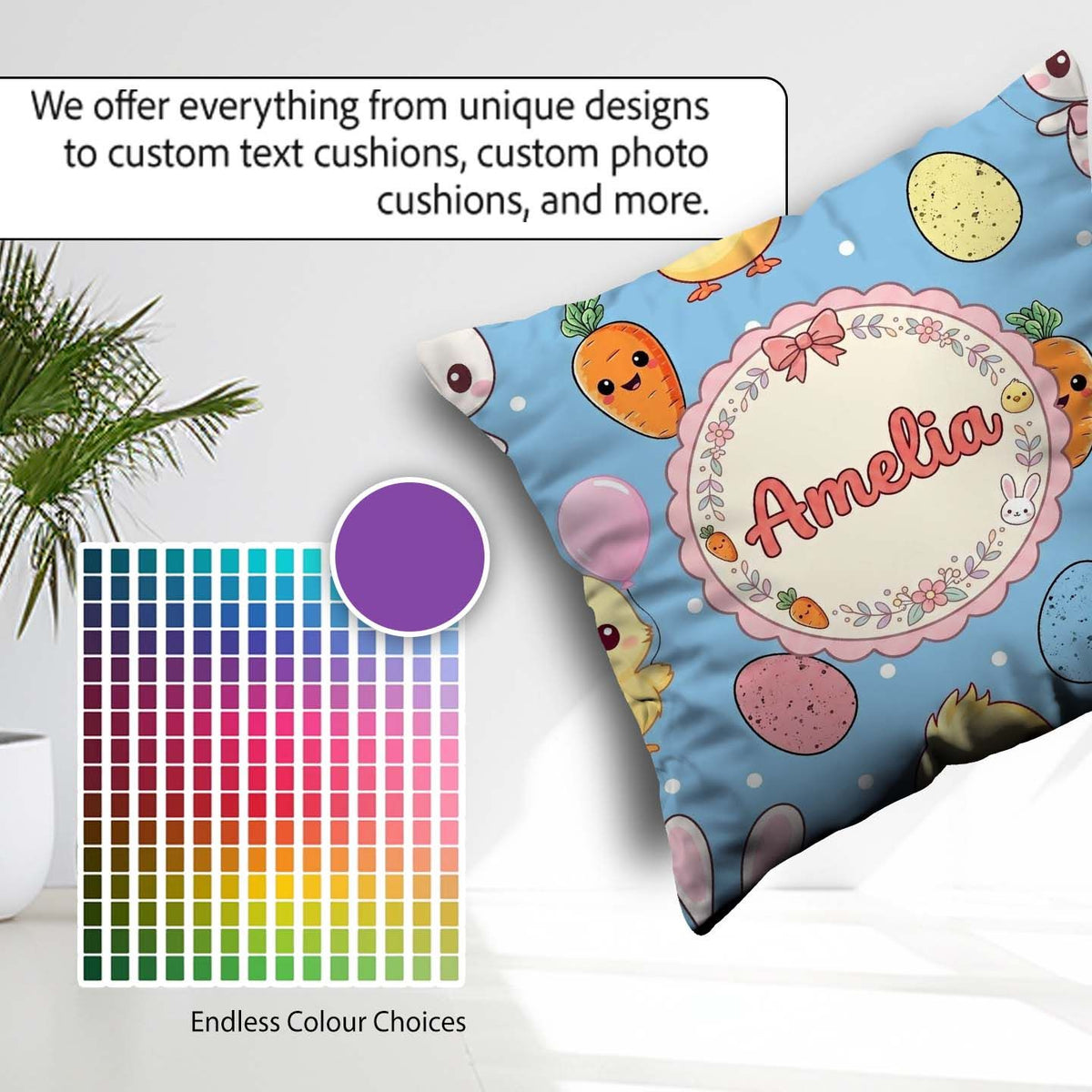Custom Name Easter Bunny Chick Carrot Egg Blue Polka Dot Pattern Square Filled Cushion Throw Pillow Sofa Bed Home Decor Zip Washable UK Made