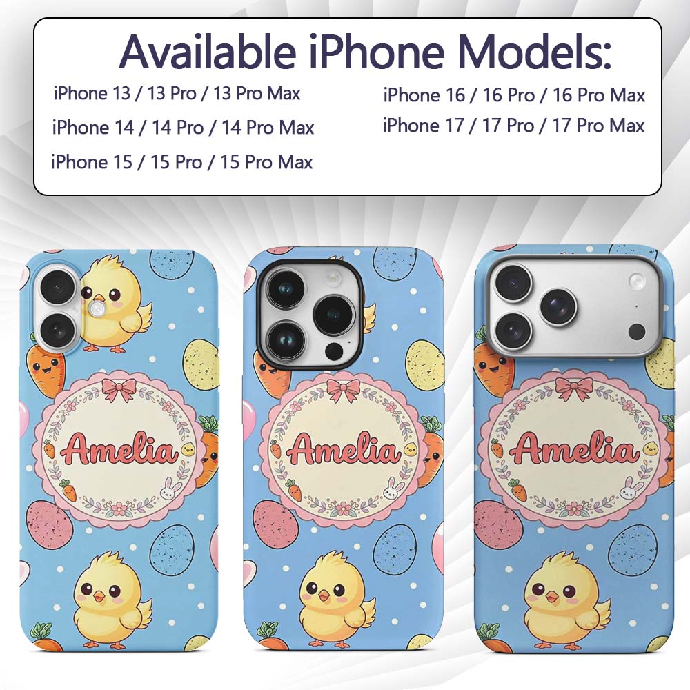 Cute Easter Bunny Chick Carrot Egg Blue Polka Dot Custom Name Protective Phone Case Mobile Cover Durable Everyday Smartphone Shock Resistant