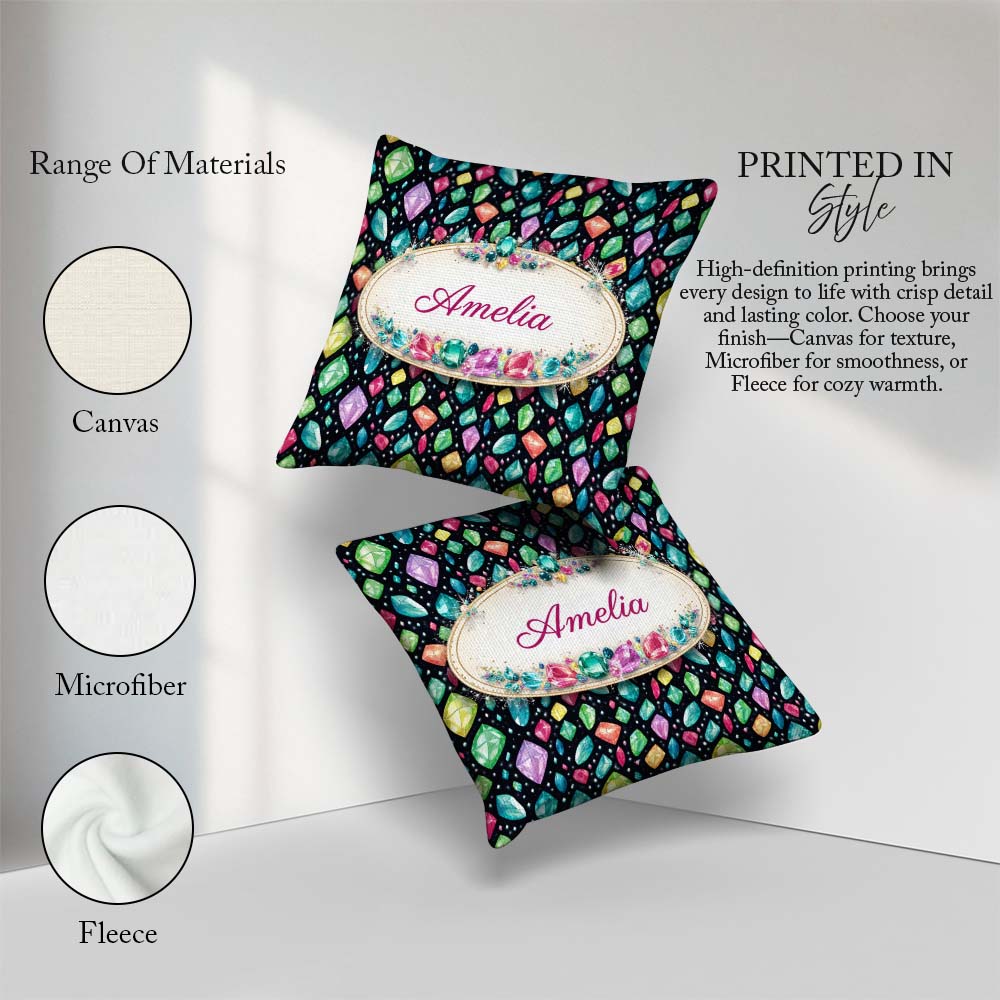 Custom Name Bright Faceted Gemstone Seamless Pattern Dark Jewel Square Filled Cushion Throw Pillow Sofa Bed Home Decor Zip Washable UK Made