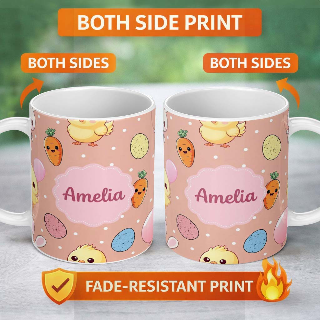 Personalized Custom Name Cute Easter Bunny Chick Carrot Egg Beige Polka Dot Seamless Pattern 11oz Ceramic Coffee Tea Mug White Large Handle