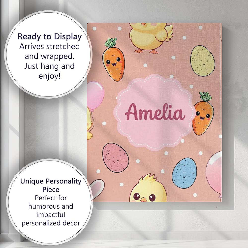 Personalised Name Cute Easter Bunny Chick Custom Unique Gift Idea Elegant Feature Canvas Wall Art Print Decor Picture Ready to Hang