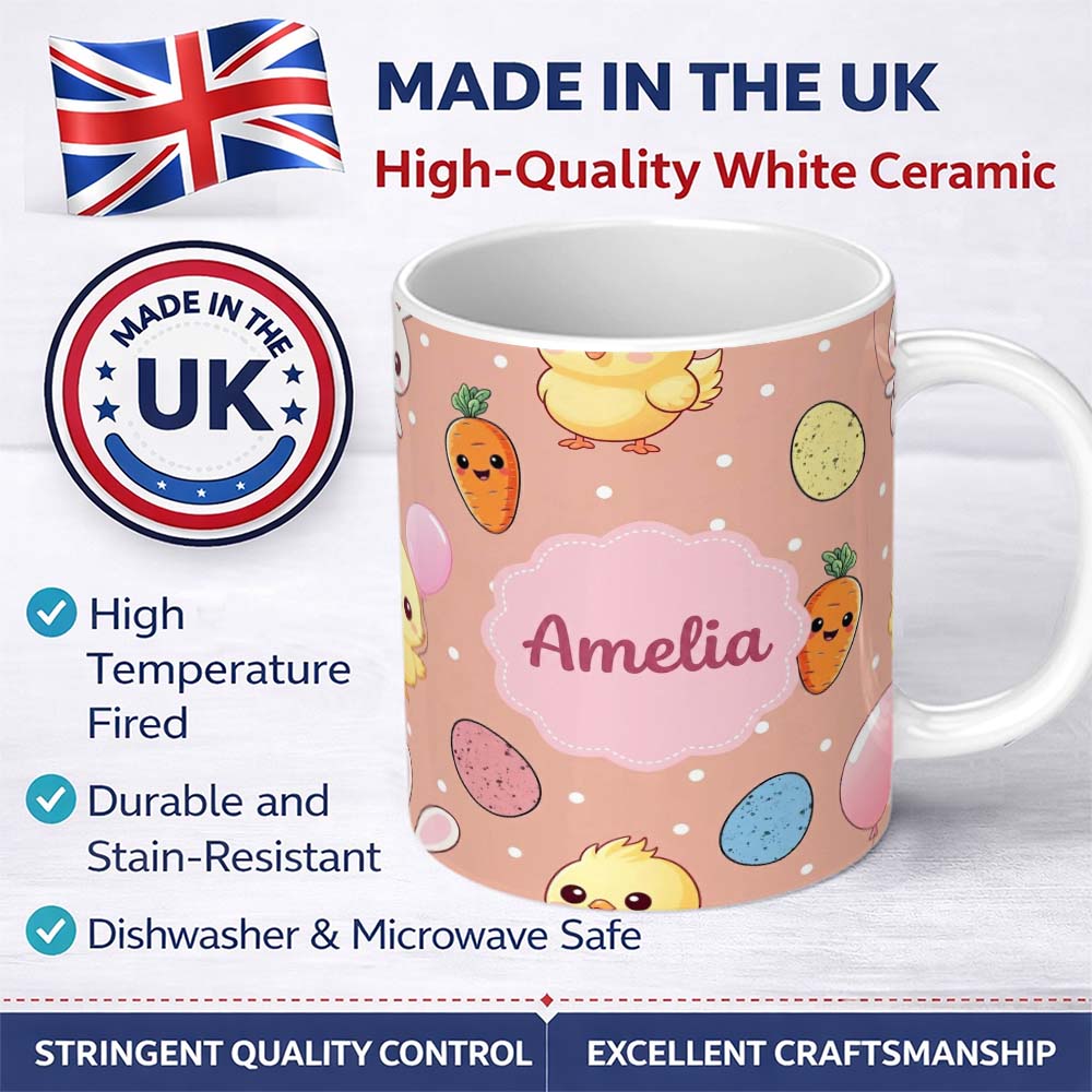 Personalized Custom Name Cute Easter Bunny Chick Carrot Egg Beige Polka Dot Seamless Pattern 11oz Ceramic Coffee Tea Mug White Large Handle