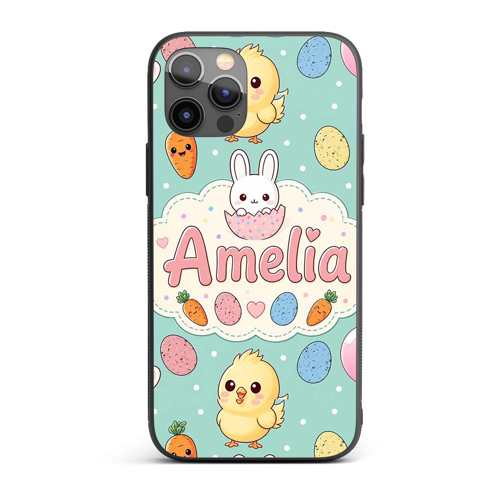 Cute Easter Bunny Chick Carrot Egg Mint Polka Dot Custom Name Protective Phone Case Mobile Cover Durable Everyday Smartphone Shock Resistant