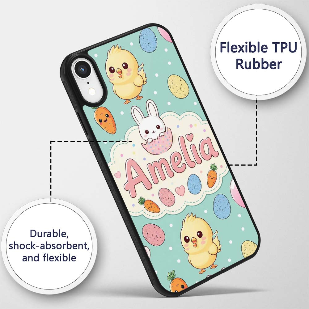Cute Easter Bunny Chick Carrot Egg Mint Polka Dot Custom Name Protective Phone Case Mobile Cover Durable Everyday Smartphone Shock Resistant