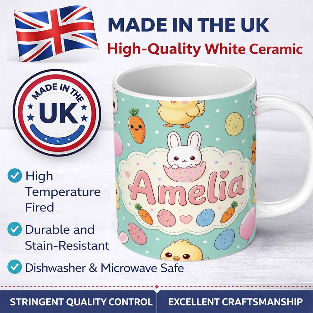 Personalized Custom Name Cute Easter Bunny Chick Carrot Egg Mint Polka Dot Seamless Pattern 11oz Ceramic Coffee Tea Mug White Large Handle