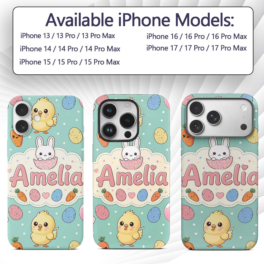 Cute Easter Bunny Chick Carrot Egg Mint Polka Dot Custom Name Protective Phone Case Mobile Cover Durable Everyday Smartphone Shock Resistant
