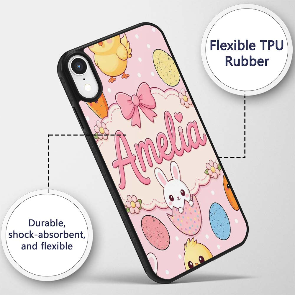 Cute Easter Bunny Chick Carrot Egg Blush Polka Custom Name Protective Phone Case Mobile Cover Durable Everyday Smartphone Shock Resistant