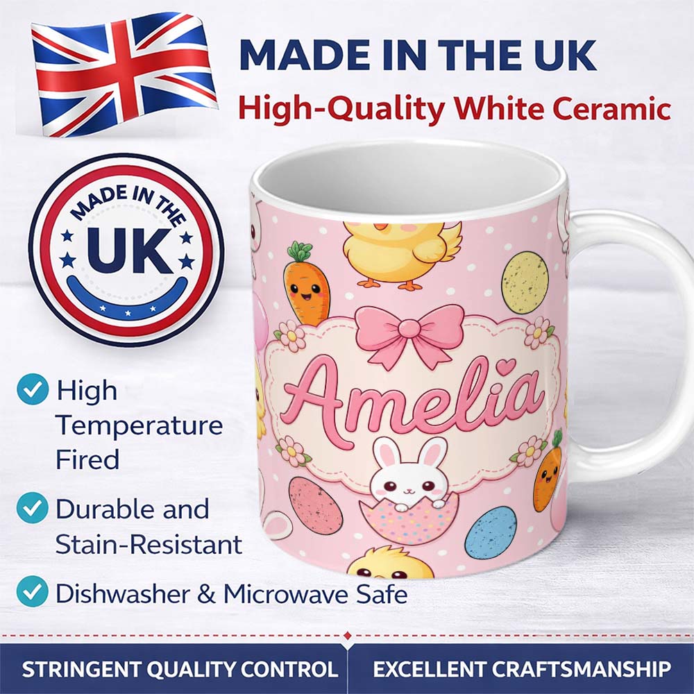 Personalized Custom Name Cute Easter Bunny Chick Carrot Egg Blush Polka Dot Seamless Pattern 11oz Ceramic Coffee Tea Mug White Large Handle