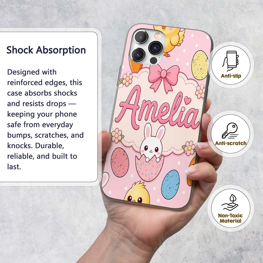 Cute Easter Bunny Chick Carrot Egg Blush Polka Custom Name Protective Phone Case Mobile Cover Durable Everyday Smartphone Shock Resistant