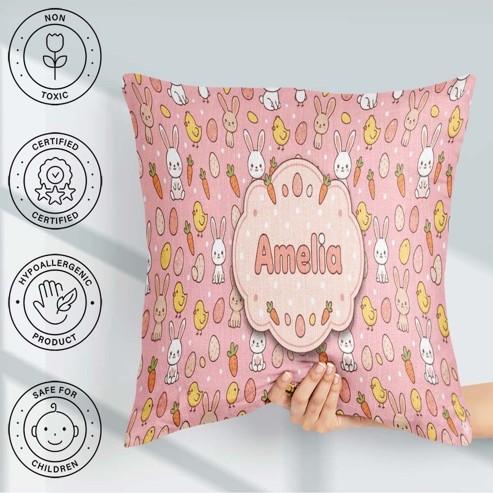 Custom Name Easter Bunny Chick Carrot Egg Pink Polka Dot Pattern Square Filled Cushion Throw Pillow Sofa Bed Home Decor Zip Washable UK Made