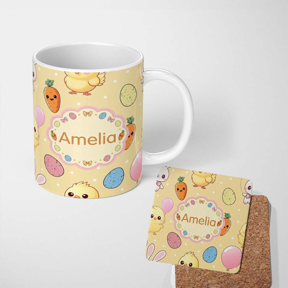 Personalized Custom Name Cute Easter Bunny Chick Carrot Egg Yellow Polka Dot Seamless 11oz Ceramic Coffee Tea Mug White Large Handle