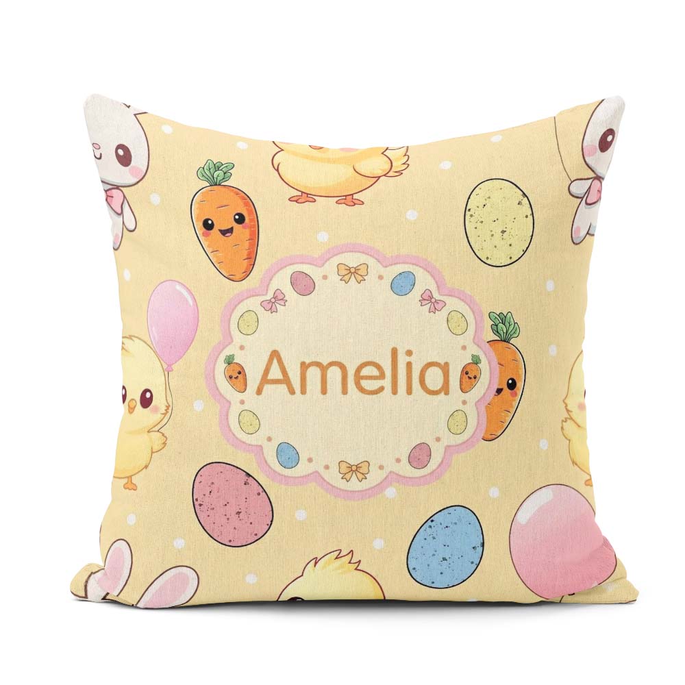 Custom Name Cute Easter Bunny Chick Carrot Egg Yellow Polka Dot Square Filled Cushion Throw Pillow Sofa Bed Home Decor Zip Washable UK Made