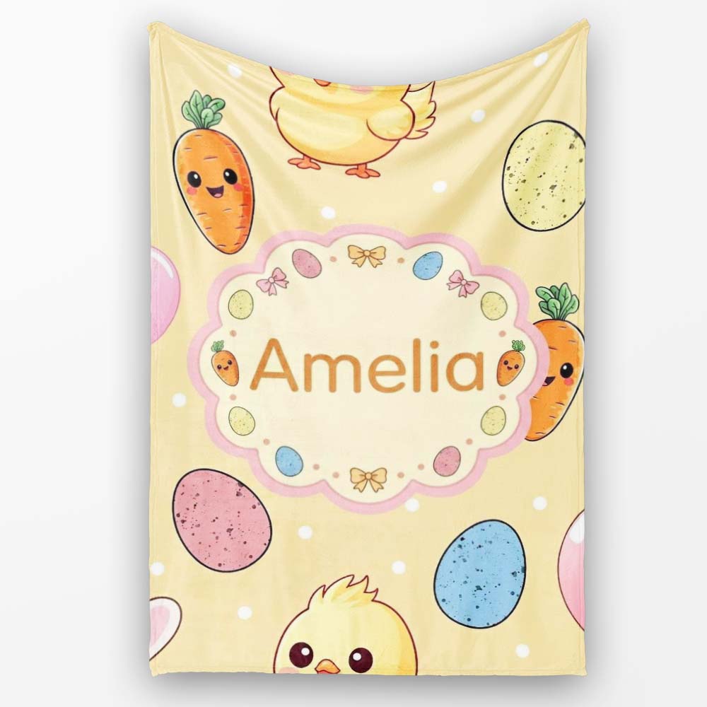 Cute Easter Bunny Chick Carrot Egg Yellow Polka Dot Seamless Personalised Custom Name Super Soft Fleece Blanket Bed Sofa Throw