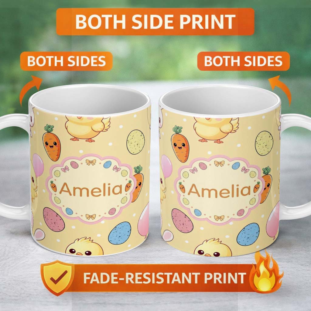 Personalized Custom Name Cute Easter Bunny Chick Carrot Egg Yellow Polka Dot Seamless 11oz Ceramic Coffee Tea Mug White Large Handle