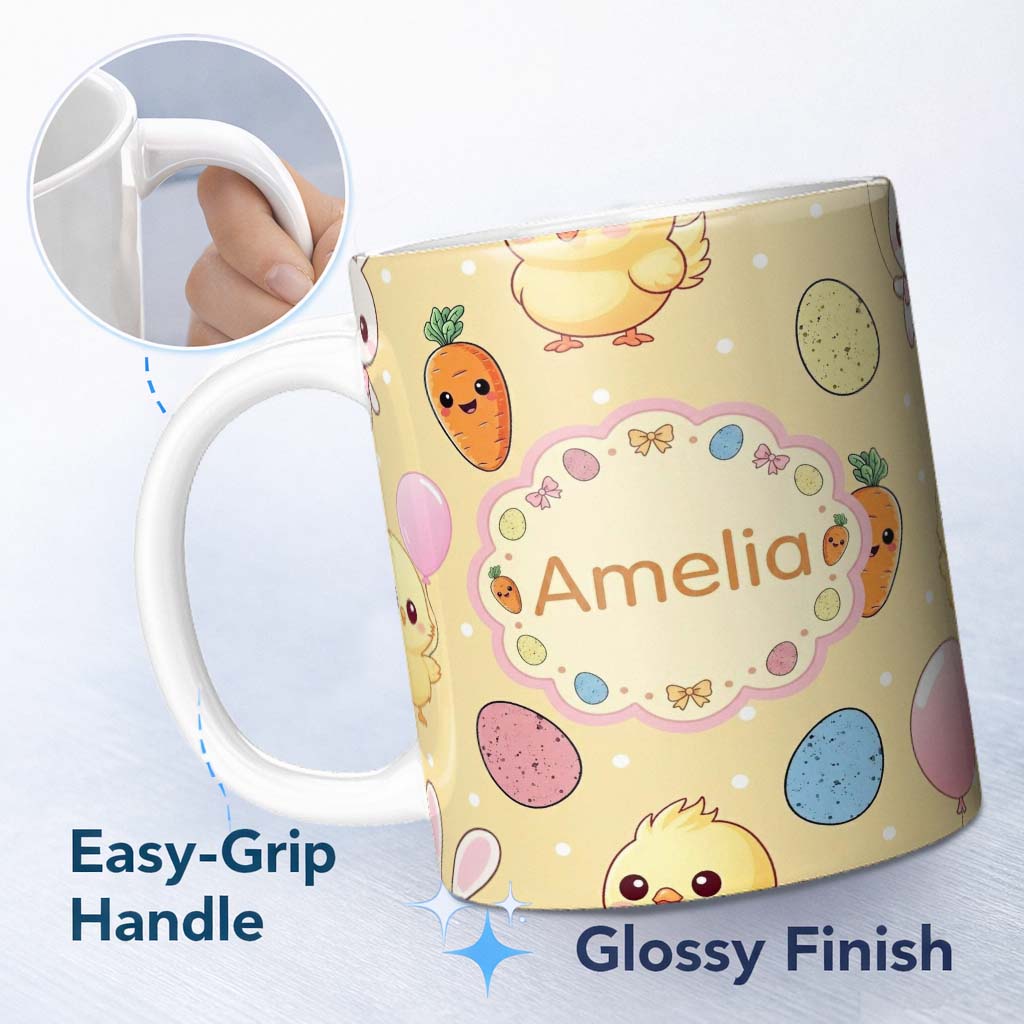 Personalized Custom Name Cute Easter Bunny Chick Carrot Egg Yellow Polka Dot Seamless 11oz Ceramic Coffee Tea Mug White Large Handle