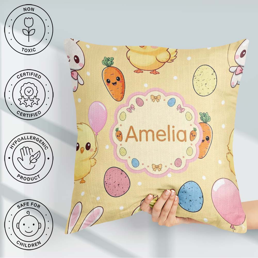 Custom Name Cute Easter Bunny Chick Carrot Egg Yellow Polka Dot Square Filled Cushion Throw Pillow Sofa Bed Home Decor Zip Washable UK Made