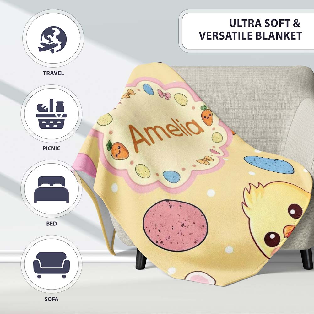 Cute Easter Bunny Chick Carrot Egg Yellow Polka Dot Seamless Personalised Custom Name Super Soft Fleece Blanket Bed Sofa Throw