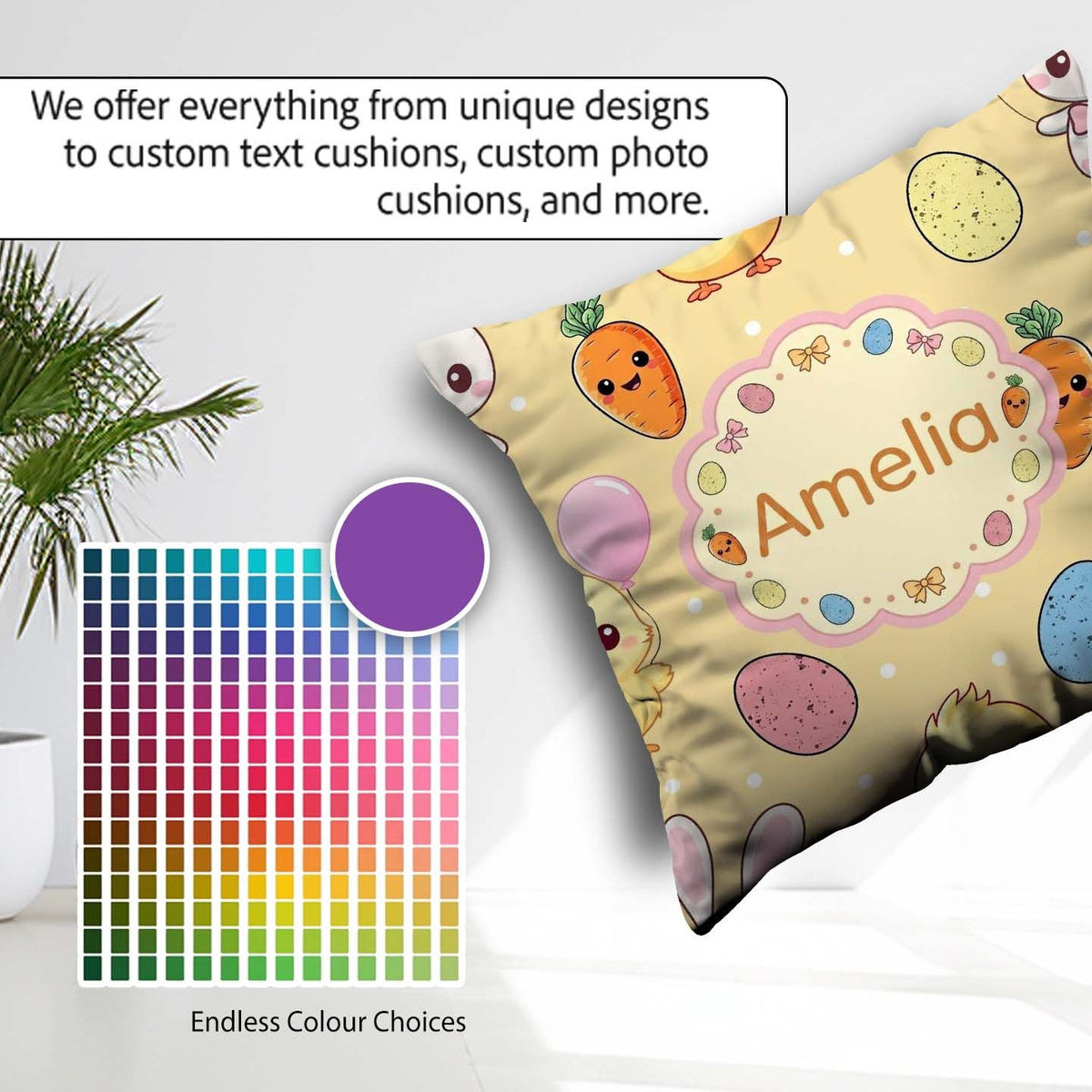 Custom Name Cute Easter Bunny Chick Carrot Egg Yellow Polka Dot Square Filled Cushion Throw Pillow Sofa Bed Home Decor Zip Washable UK Made