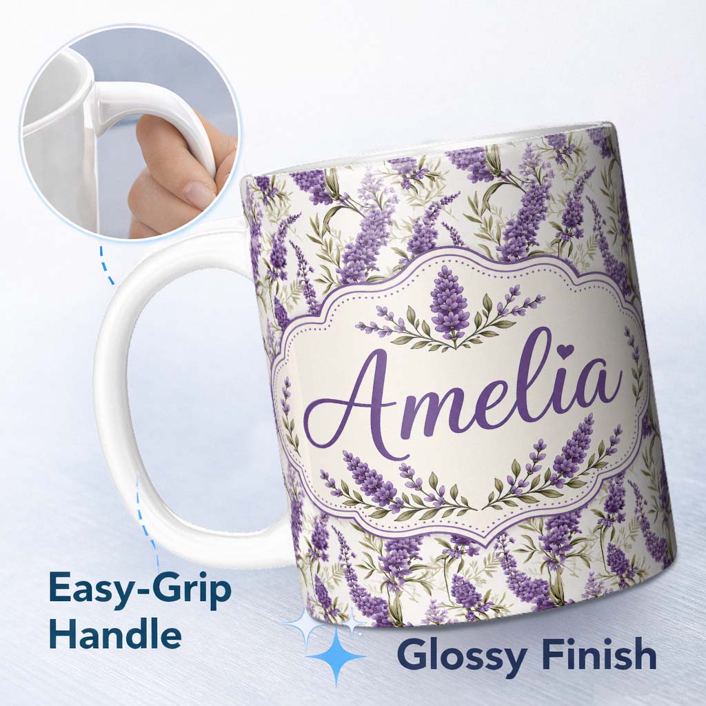 Personalized Custom Name Elegant Lavender Sprigs Botanical Repeat on Soft Neutral Background 11oz Ceramic Coffee Tea Mug White Large Handle