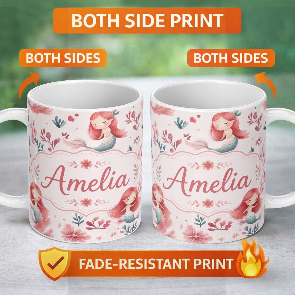 Personalized Custom Name Cute Little Mermaids with Soft Floral Background Seamless Pattern 11oz Ceramic Coffee Tea Mug White Large Handle