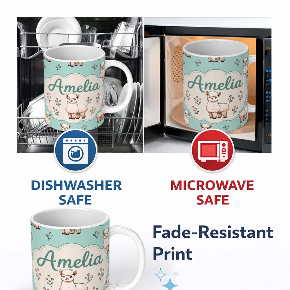Personalized Custom Name Cute Alpaca Llama Farm Animals Floral Seamless Pattern Mint Green 11oz Ceramic Coffee Tea Mug White Large Handle