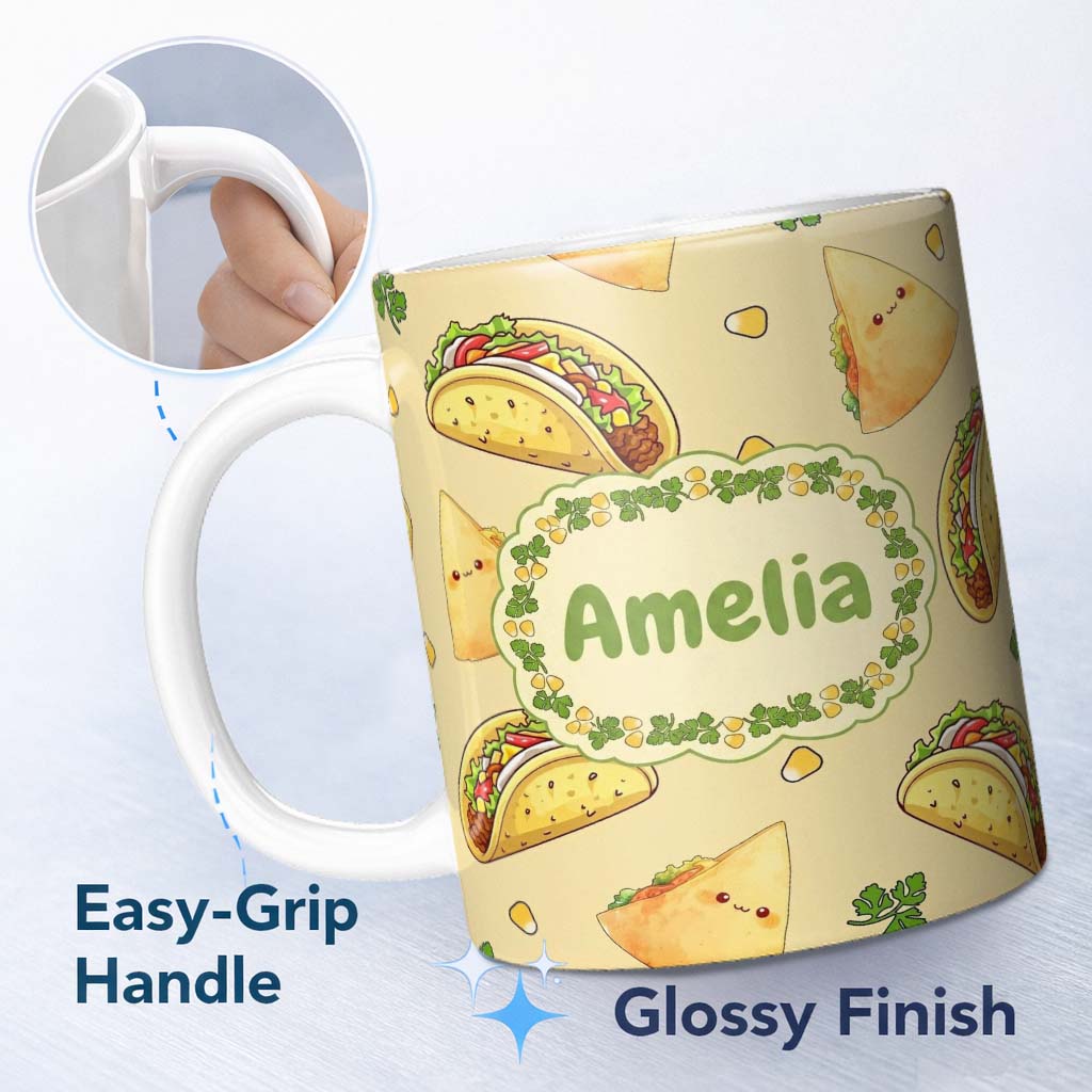 Personalized Custom Name Cute Kawaii Tacos and Wraps Seamless Pattern Yellow Background 11oz Ceramic Coffee Tea Mug White Large Handle