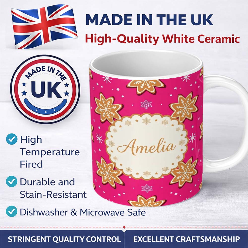 Personalized Custom Name Gingerbread Snowflake Cookie Pink Festive Seamless Pattern Lovely 11oz Ceramic Coffee Tea Mug White Large Handle