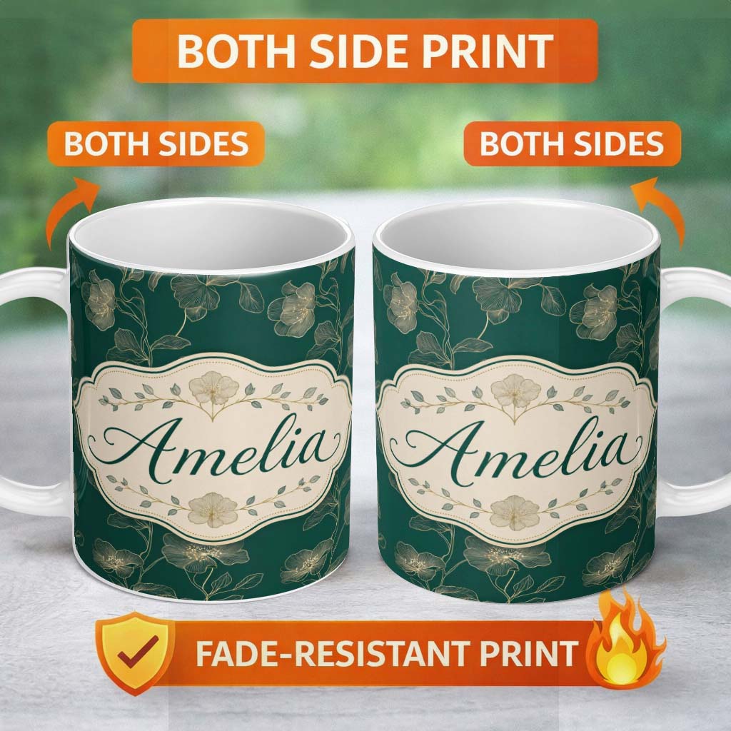 Personalized Custom Name Elegant Deep Green Floral Pattern with Large Gold Line Art Blossoms 11oz Ceramic Coffee Tea Mug White Large Handle