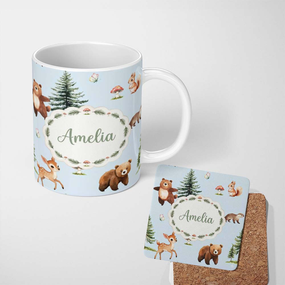Personalized Custom Name Cute Woodland Forest Animals Bear Bunny Deer on Cream Background 11oz Ceramic Coffee Tea Mug White Large Handle