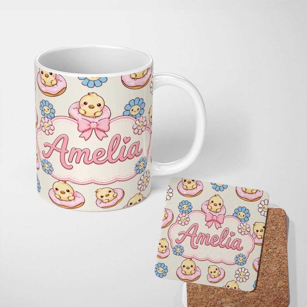 Personalized Custom Name Cute Chick Donut Flower Kawaii Seamless Pattern Name Unique Gift 11oz Ceramic Coffee Tea Mug White Large Handle