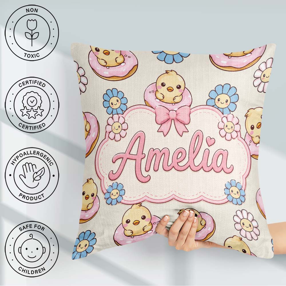 Custom Name Cute Chick Donut Flower Kawaii Seamless Pattern Name Square Filled Cushion Throw Pillow Sofa Bed Home Decor Zip Washable UK Made